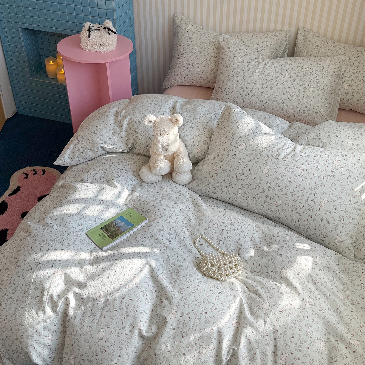 91家纺网 家纺一手货源 找家纺 麦伦家居 2026年春夏新款全棉纯棉有氧双层纱印花四件套-第二波 云锦兔-蓝