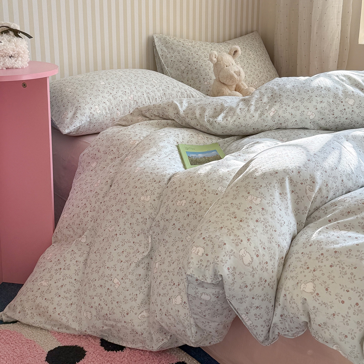 91家纺网 家纺一手货源 找家纺 麦伦家居 2026年春夏新款全棉纯棉有氧双层纱印花四件套-第二波 云锦兔-蓝