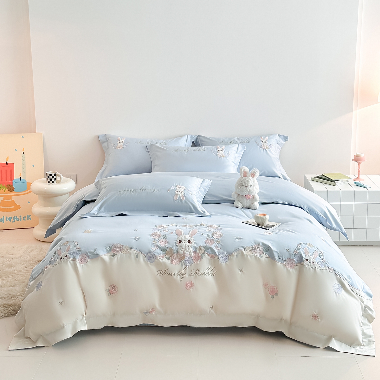 91家纺网 家纺一手货源 找家纺 （总）置顶家纺 2026新款比心兔系列全棉长绒棉拼接绣花四件套