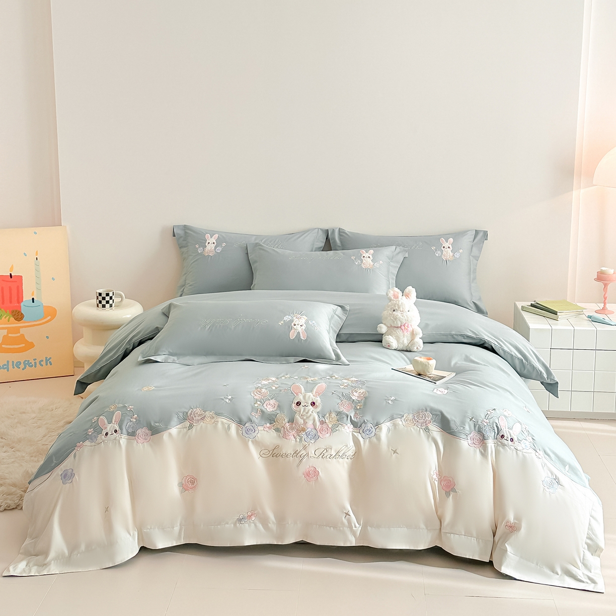 91家纺网 家纺一手货源 找家纺 （总）置顶家纺 2026新款比心兔系列全棉长绒棉拼接绣花四件套