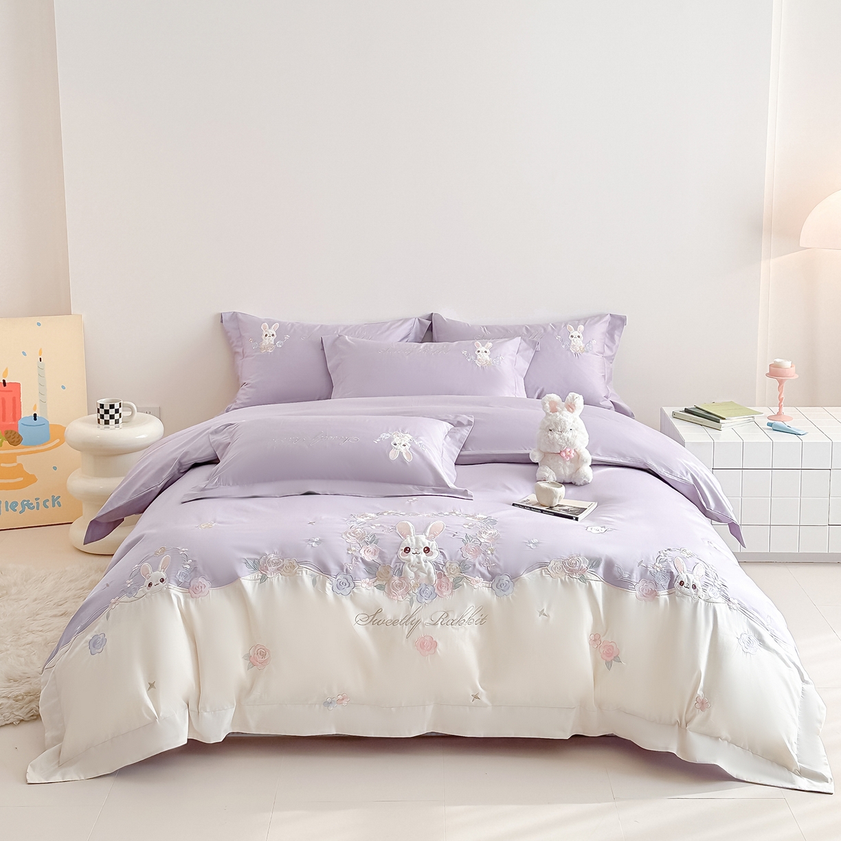 置顶家纺 2026新款比心兔系列全棉长绒棉拼接绣花四件套 比心兔-香芋紫