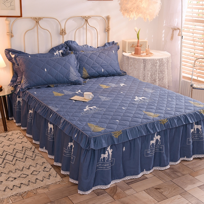 91家纺网 家纺一手货源 找家纺 美达2025全棉蕾丝小花边夹棉单床裙 一鹿繁程-蓝