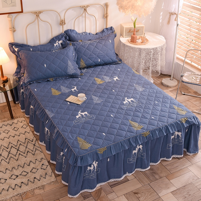 91家纺网 家纺一手货源 找家纺 美达2025全棉蕾丝小花边夹棉单床裙 一鹿繁程-蓝