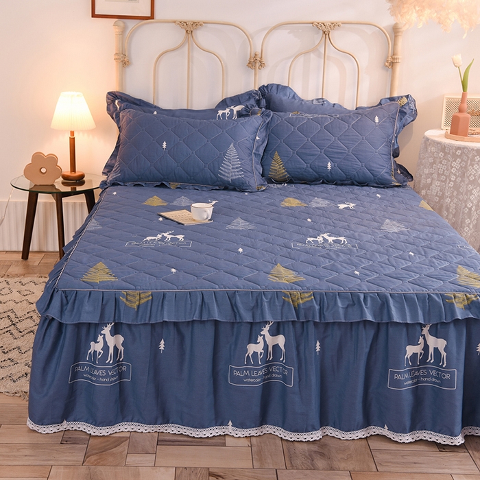 91家纺网 家纺一手货源 找家纺 美达2025全棉蕾丝小花边夹棉单床裙 一鹿繁程-蓝