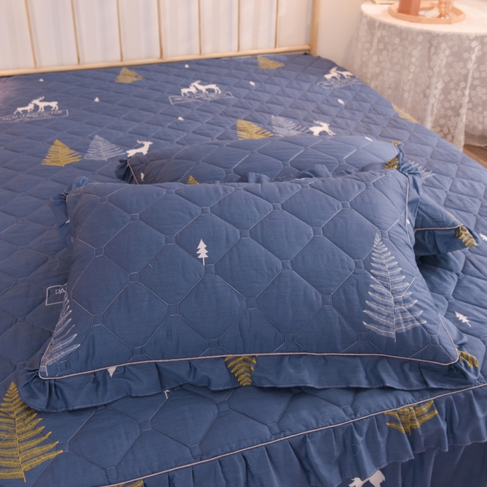 91家纺网 家纺一手货源 找家纺 美达2025全棉蕾丝小花边夹棉单床裙 一鹿繁程-蓝