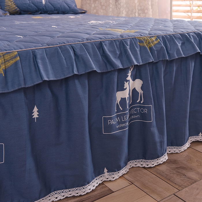 91家纺网 家纺一手货源 找家纺 美达2025全棉蕾丝小花边夹棉单床裙 一鹿繁程-蓝