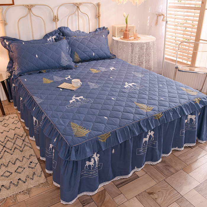 91家纺网 家纺一手货源 找家纺 美达2025全棉蕾丝小花边夹棉单床裙 一鹿繁程-蓝