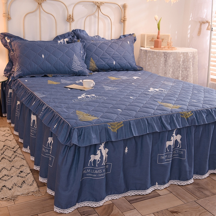 91家纺网 家纺一手货源 找家纺 美达2025全棉蕾丝小花边夹棉单床裙 一鹿繁程-蓝