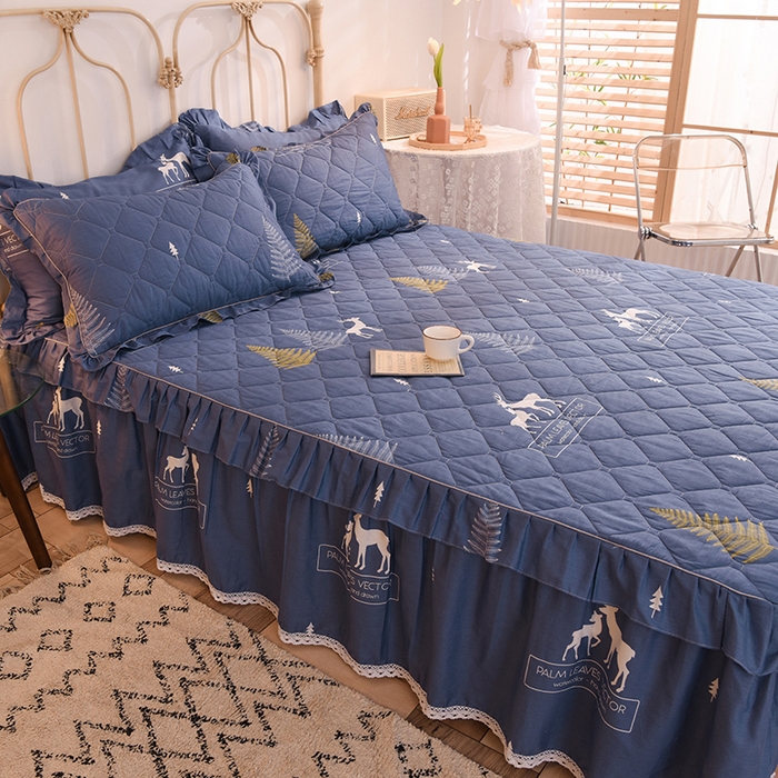 91家纺网 家纺一手货源 找家纺 美达2025全棉蕾丝小花边夹棉单床裙 一鹿繁程-蓝