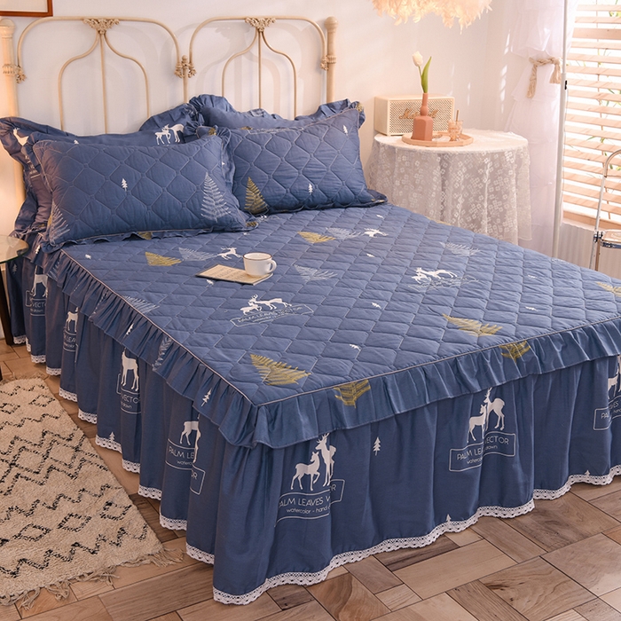 91家纺网 家纺一手货源 找家纺 美达2025全棉蕾丝小花边夹棉单床裙 一鹿繁程-蓝