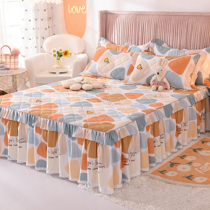 91家纺网 家纺一手货源 找家纺 美达2025全棉蕾丝小花边夹棉单床裙 雨花石