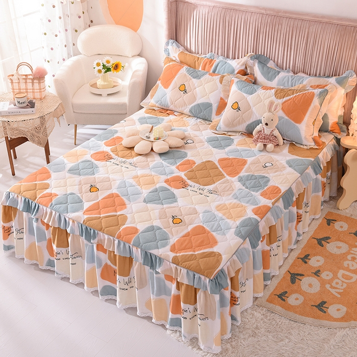 91家纺网 家纺一手货源 找家纺 美达2025全棉蕾丝小花边夹棉单床裙 雨花石