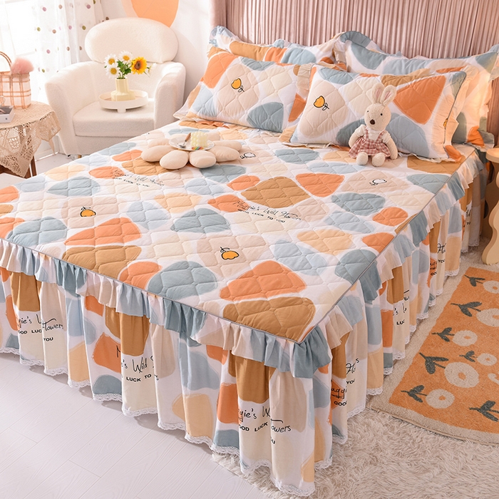 91家纺网 家纺一手货源 找家纺 美达2025全棉蕾丝小花边夹棉单床裙 雨花石