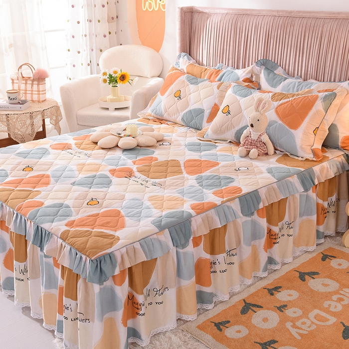 91家纺网 家纺一手货源 找家纺 美达2025全棉蕾丝小花边夹棉单床裙 雨花石