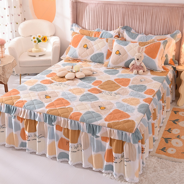 91家纺网 家纺一手货源 找家纺 美达2025全棉蕾丝小花边夹棉单床裙 雨花石