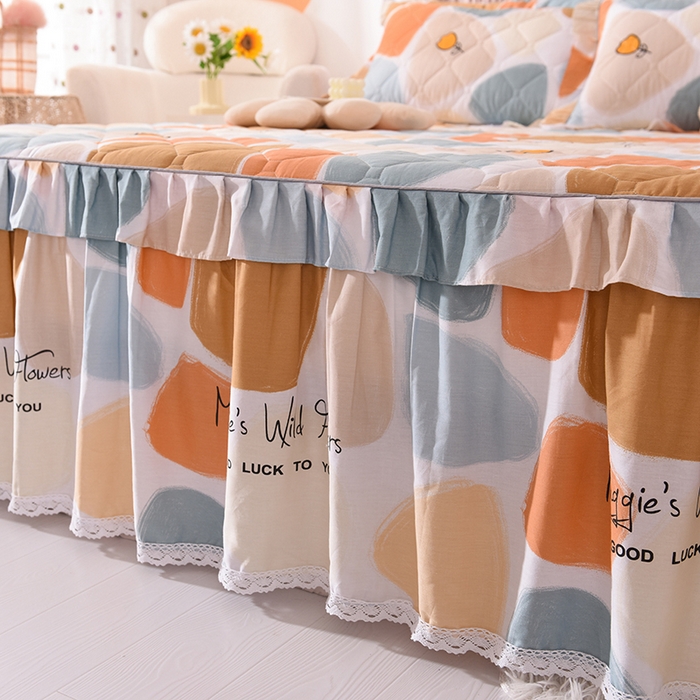 91家纺网 家纺一手货源 找家纺 美达2025全棉蕾丝小花边夹棉单床裙 雨花石