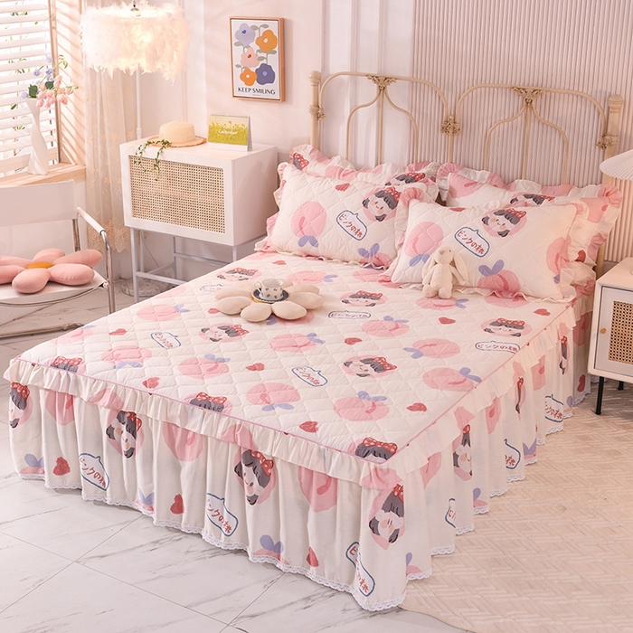 91家纺网 家纺一手货源 找家纺 美达2025全棉蕾丝小花边夹棉单床裙 白桃女孩