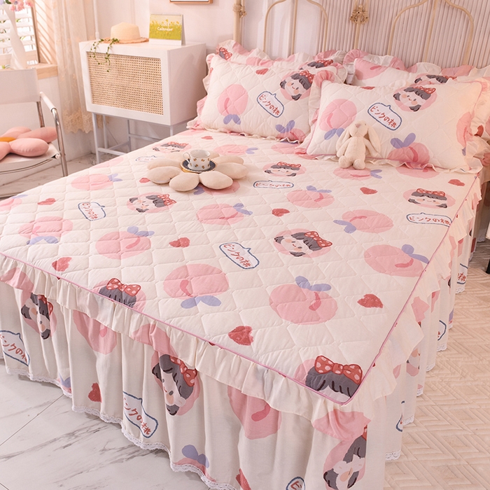 91家纺网 家纺一手货源 找家纺 美达2025全棉蕾丝小花边夹棉单床裙 白桃女孩