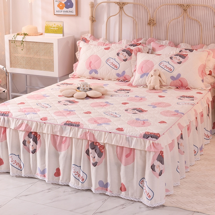 91家纺网 家纺一手货源 找家纺 美达2025全棉蕾丝小花边夹棉单床裙 白桃女孩