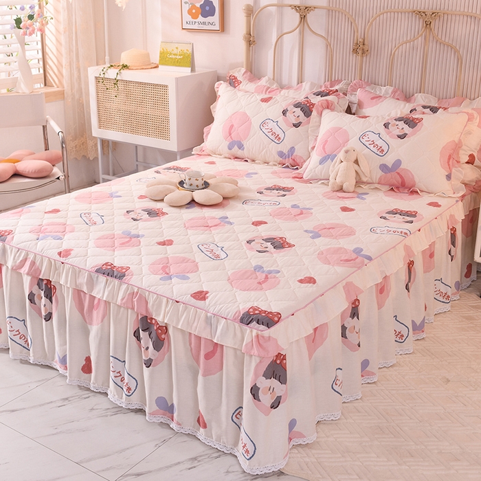 91家纺网 家纺一手货源 找家纺 美达2025全棉蕾丝小花边夹棉单床裙 白桃女孩