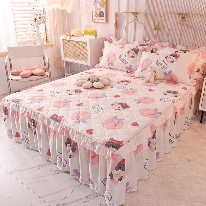 91家纺网 家纺一手货源 找家纺 美达2025全棉蕾丝小花边夹棉单床裙 白桃女孩