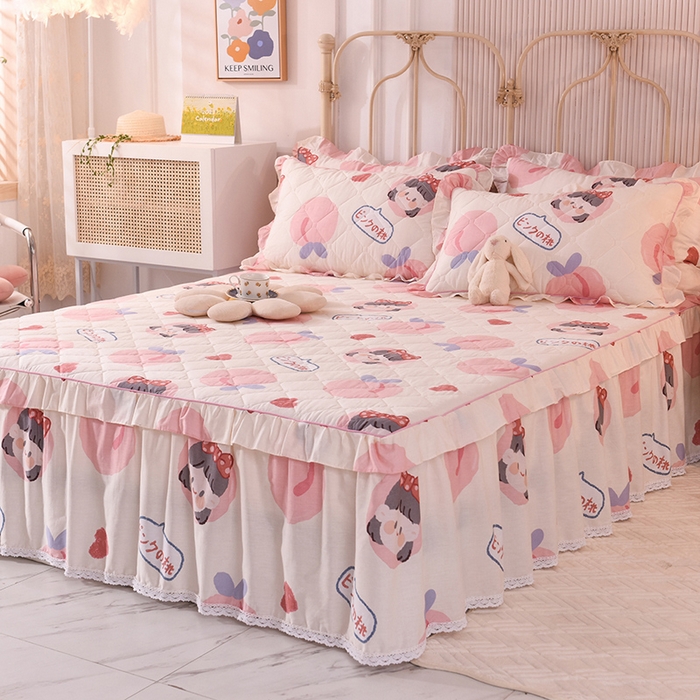 91家纺网 家纺一手货源 找家纺 美达2025全棉蕾丝小花边夹棉单床裙 白桃女孩