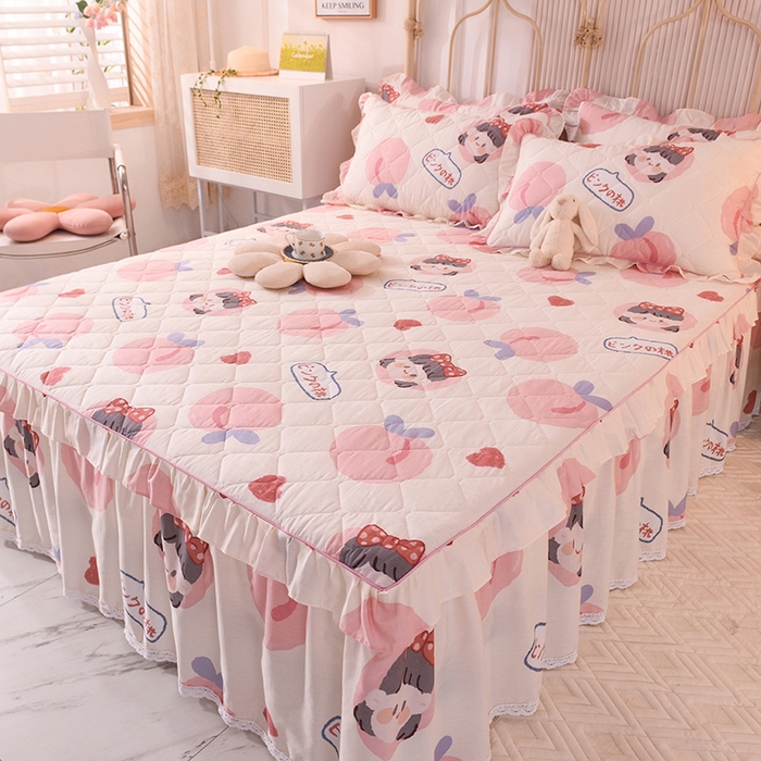 91家纺网 家纺一手货源 找家纺 美达2025全棉蕾丝小花边夹棉单床裙 白桃女孩