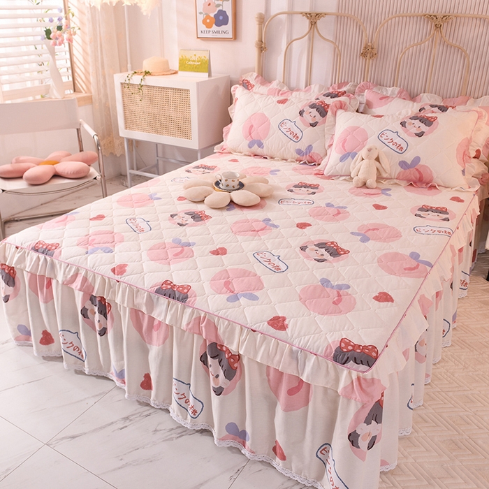 91家纺网 家纺一手货源 找家纺 美达2025全棉蕾丝小花边夹棉单床裙 白桃女孩