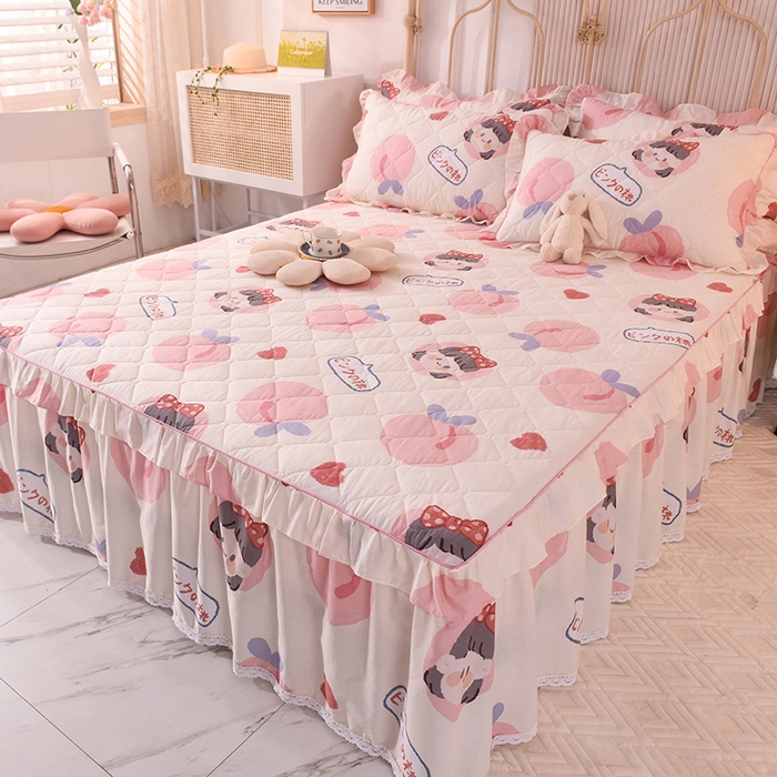 91家纺网 家纺一手货源 找家纺 美达2025全棉蕾丝小花边夹棉单床裙 白桃女孩