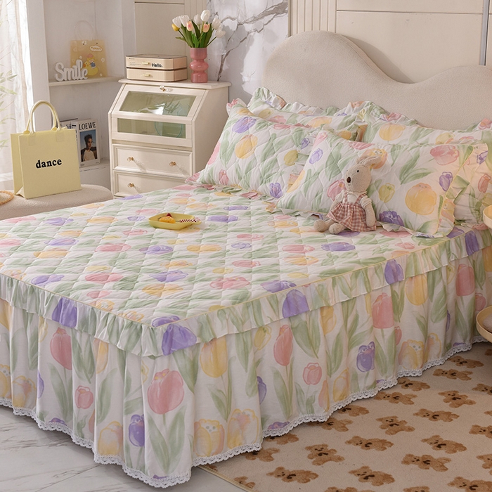 91家纺网 家纺一手货源 找家纺 美达2025全棉蕾丝小花边夹棉单床裙 春日蜜糖