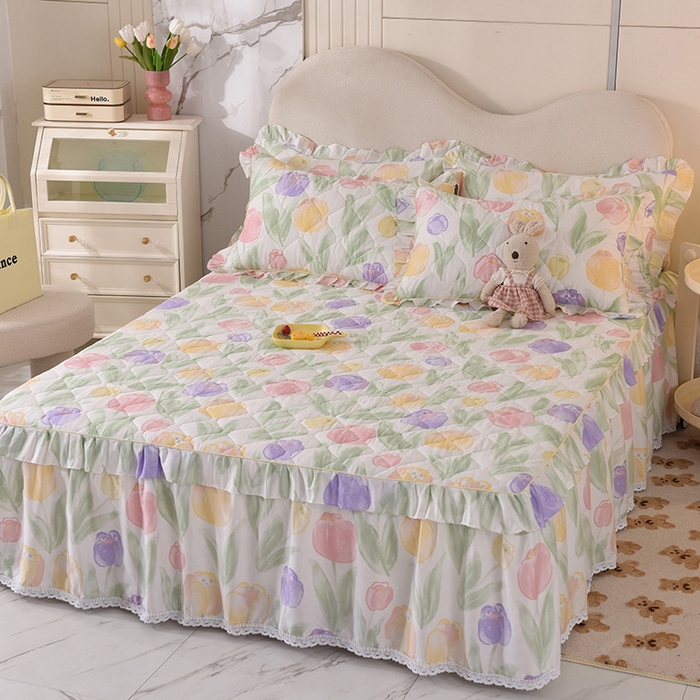 91家纺网 家纺一手货源 找家纺 美达2025全棉蕾丝小花边夹棉单床裙 春日蜜糖