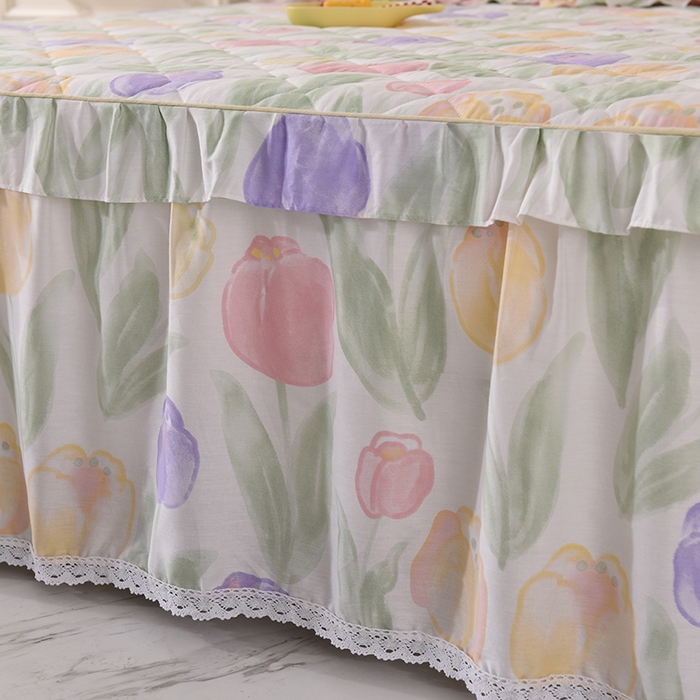 91家纺网 家纺一手货源 找家纺 美达2025全棉蕾丝小花边夹棉单床裙 春日蜜糖