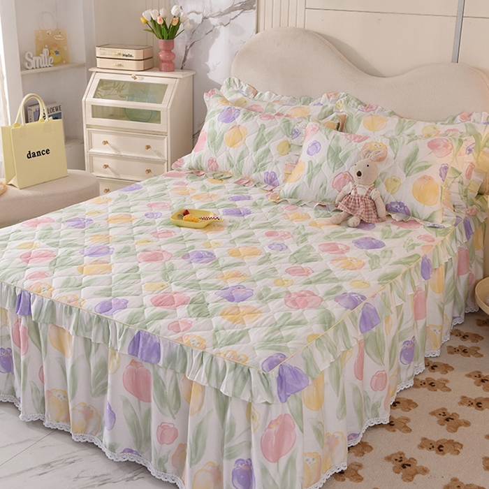 91家纺网 家纺一手货源 找家纺 美达2025全棉蕾丝小花边夹棉单床裙 春日蜜糖