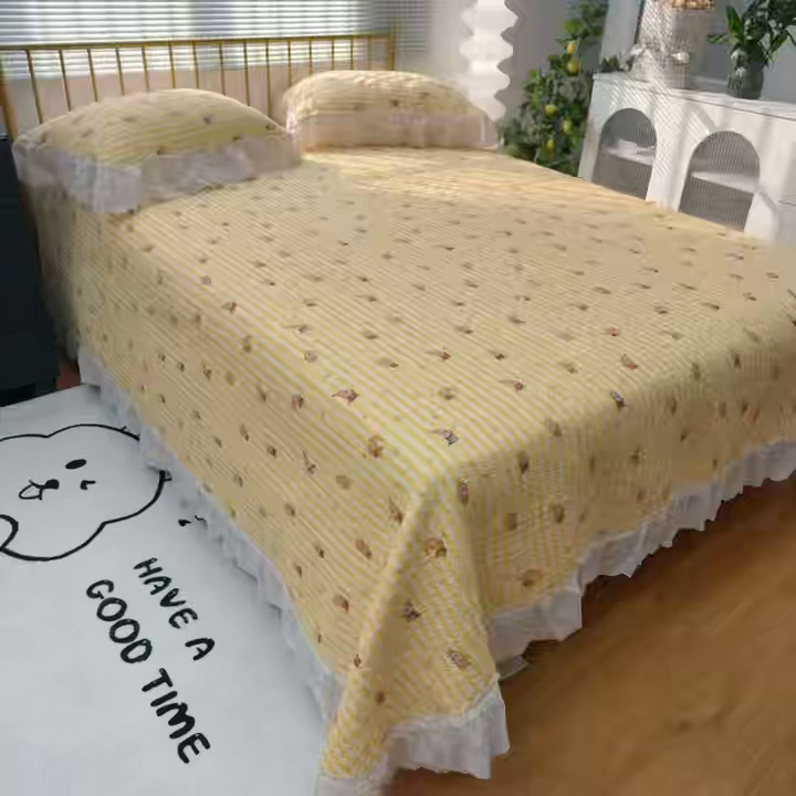 91家纺网 家纺一手货源 找家纺 暖居 2026新款大尺寸双层纱高温砂洗245X265床盖三件套 小星星