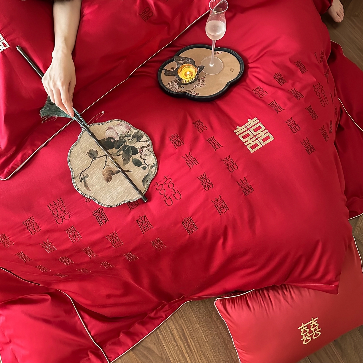 91家纺网 家纺一手货源 找家纺 （总）西西家居 2026春夏新款大红婚庆100支长绒棉纯棉四件套-欢囍