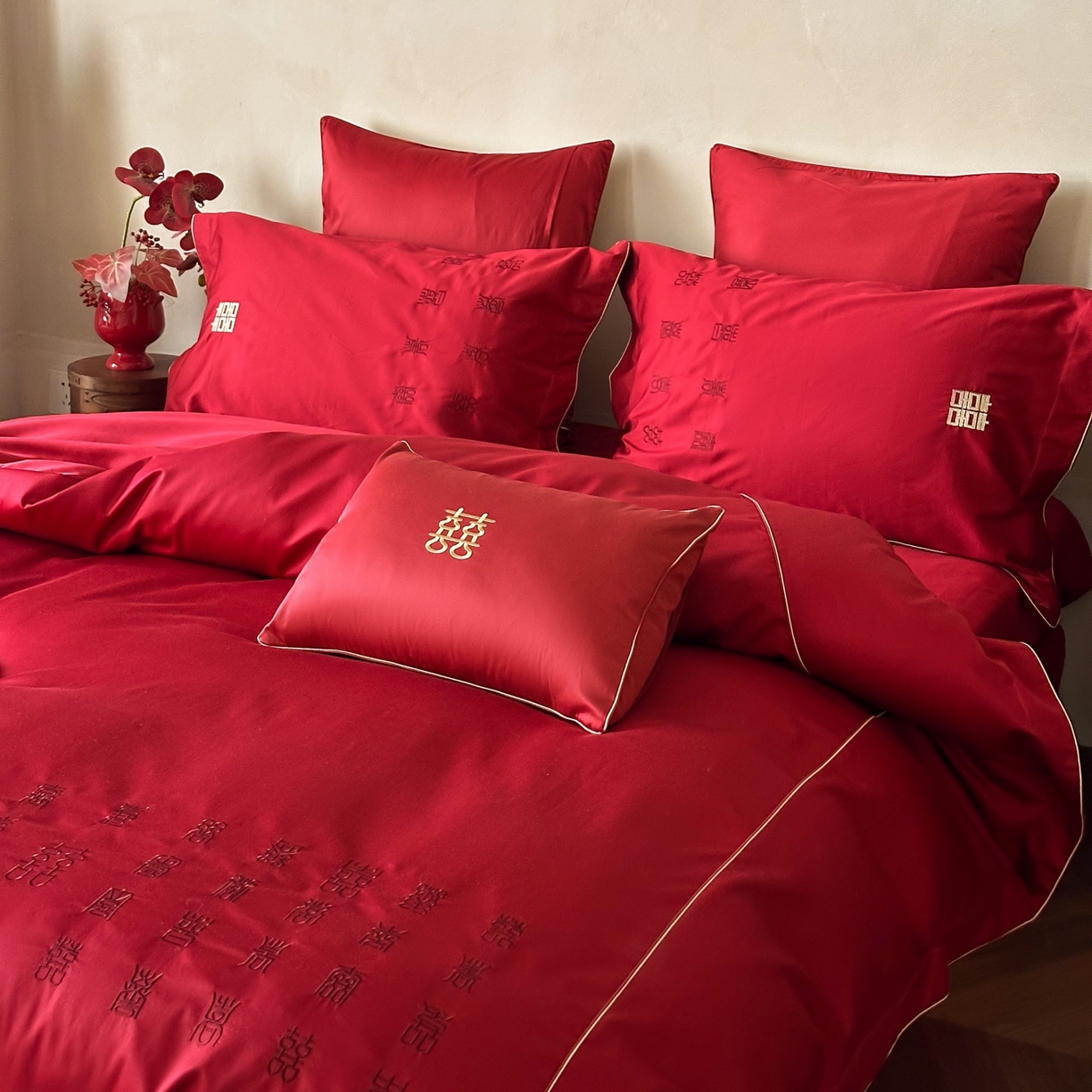 91家纺网 家纺一手货源 找家纺 （总）西西家居 2026春夏新款大红婚庆100支长绒棉纯棉四件套-欢囍