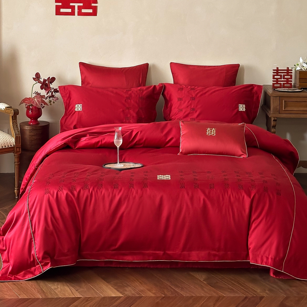 91家纺网 家纺一手货源 找家纺 （总）西西家居 2026春夏新款大红婚庆100支长绒棉纯棉四件套-欢囍