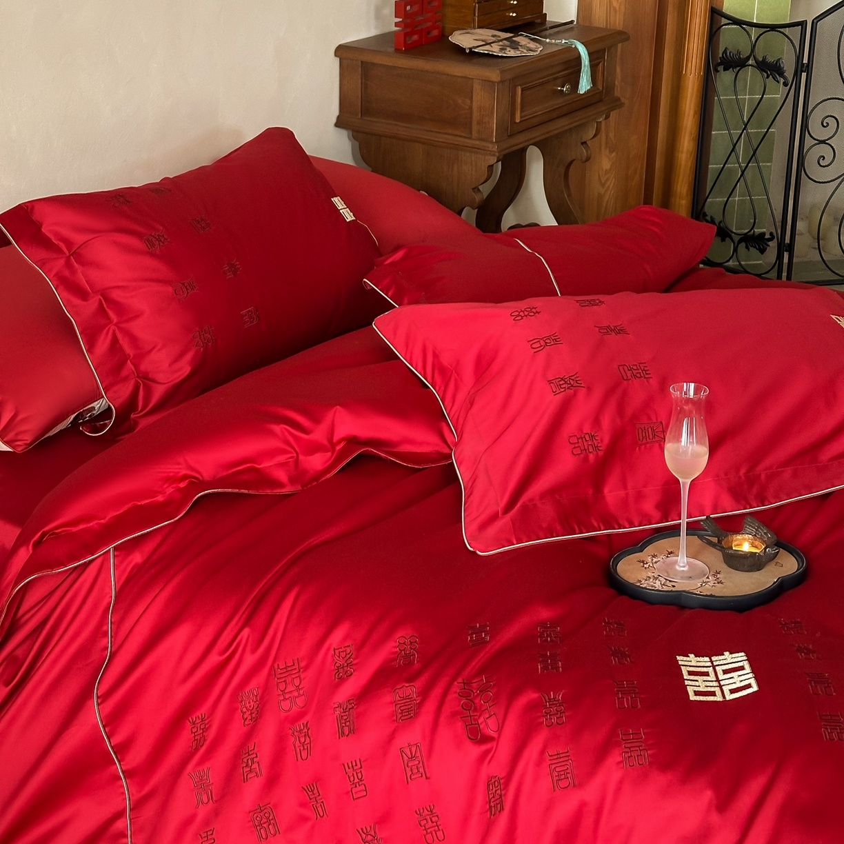 91家纺网 家纺一手货源 找家纺 （总）西西家居 2026春夏新款大红婚庆100支长绒棉纯棉四件套-欢囍