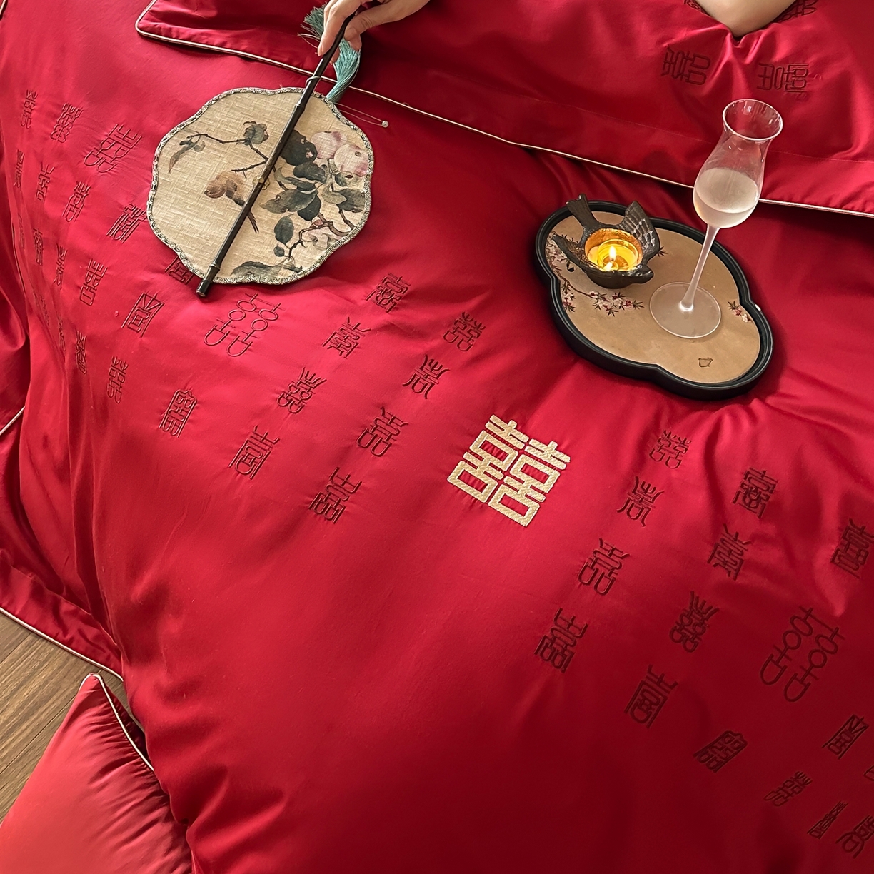 91家纺网 家纺一手货源 找家纺 （总）西西家居 2026春夏新款大红婚庆100支长绒棉纯棉四件套-欢囍