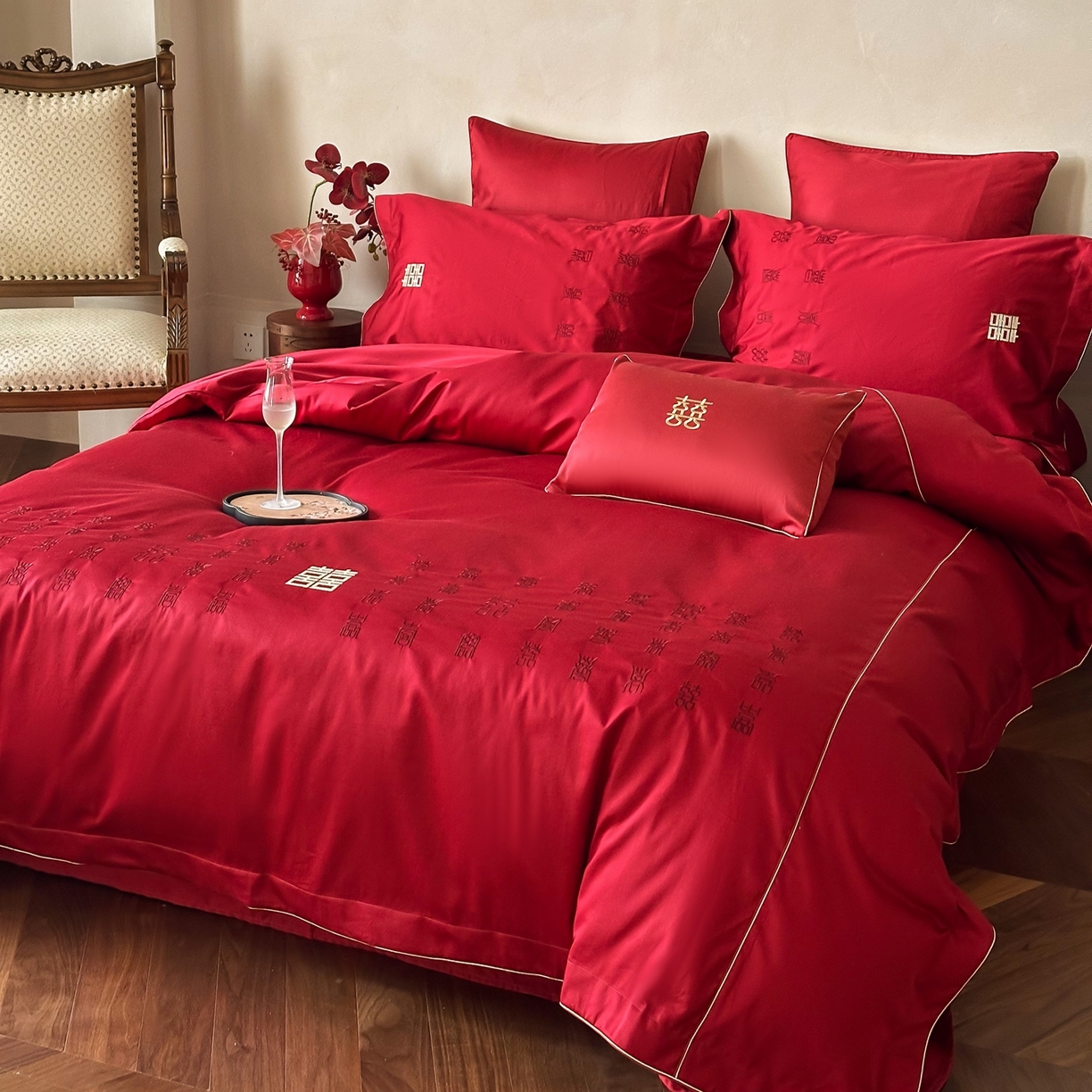 91家纺网 家纺一手货源 找家纺 （总）西西家居 2026春夏新款大红婚庆100支长绒棉纯棉四件套-欢囍