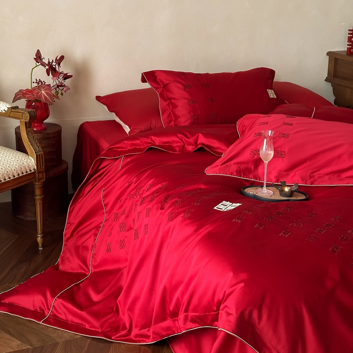 91家纺网 家纺一手货源 找家纺 （总）西西家居 2026春夏新款大红婚庆100支长绒棉纯棉四件套-欢囍