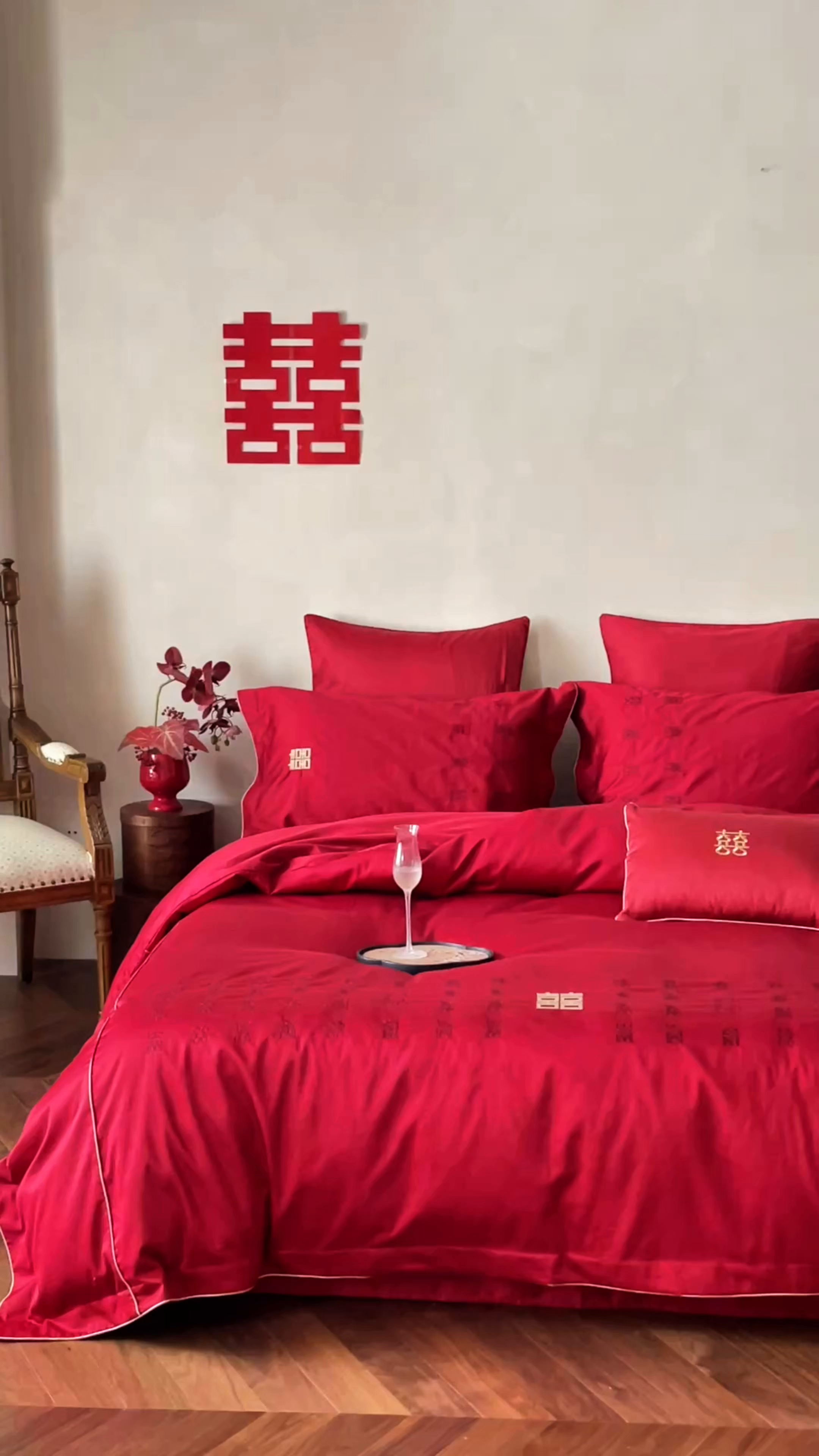 91家纺网 家纺一手货源 找家纺 （总）西西家居 2026春夏新款大红婚庆100支长绒棉纯棉四件套-欢囍