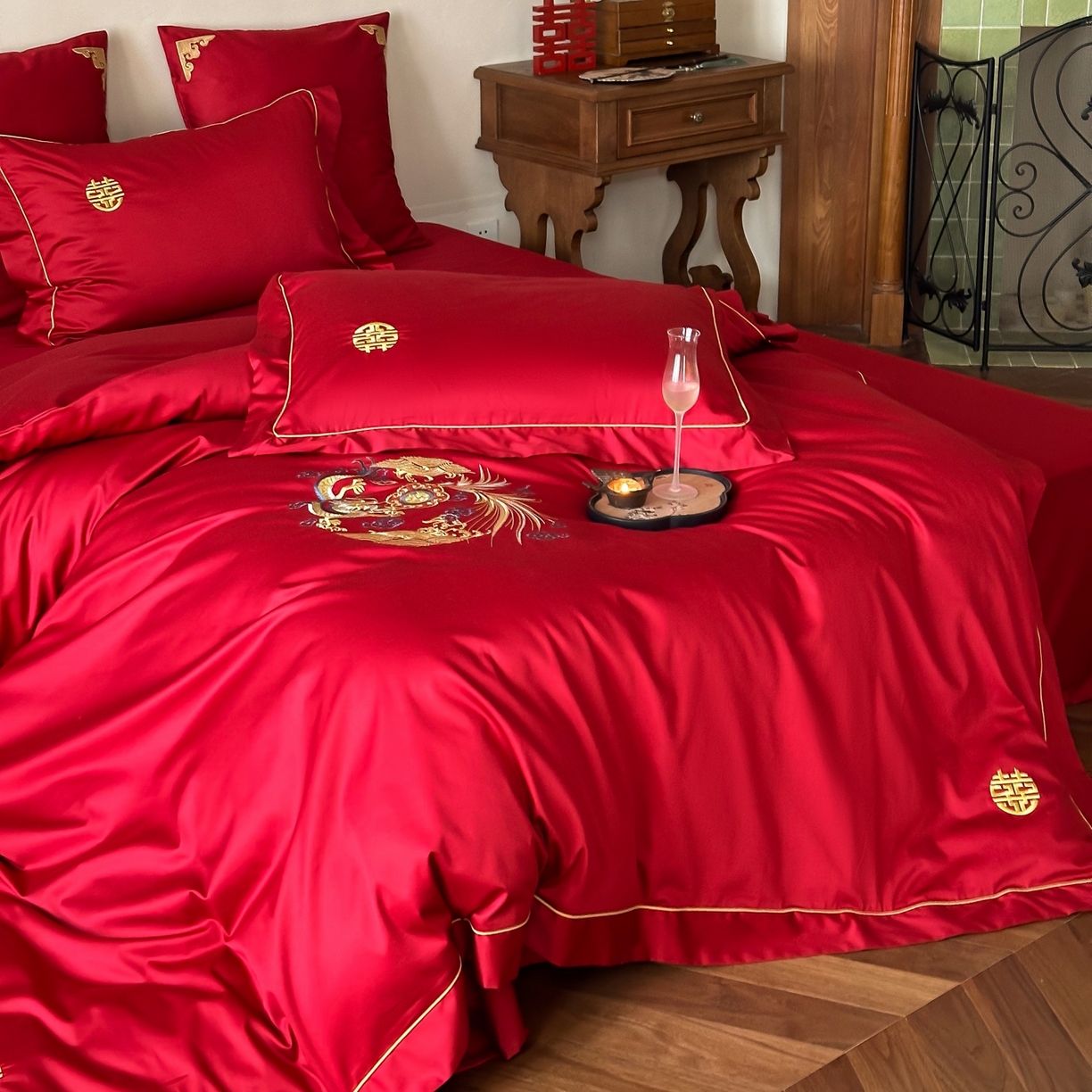 91家纺网 家纺一手货源 找家纺 （总）西西家居 2026春夏新款大红婚庆100支长绒棉纯棉四件套-龙凤呈祥