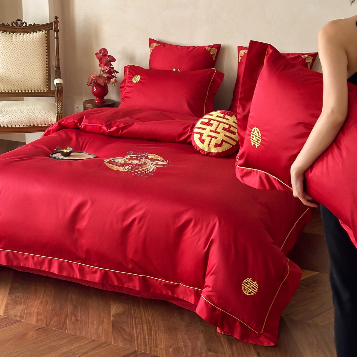 91家纺网 家纺一手货源 找家纺 （总）西西家居 2026春夏新款大红婚庆100支长绒棉纯棉四件套-龙凤呈祥