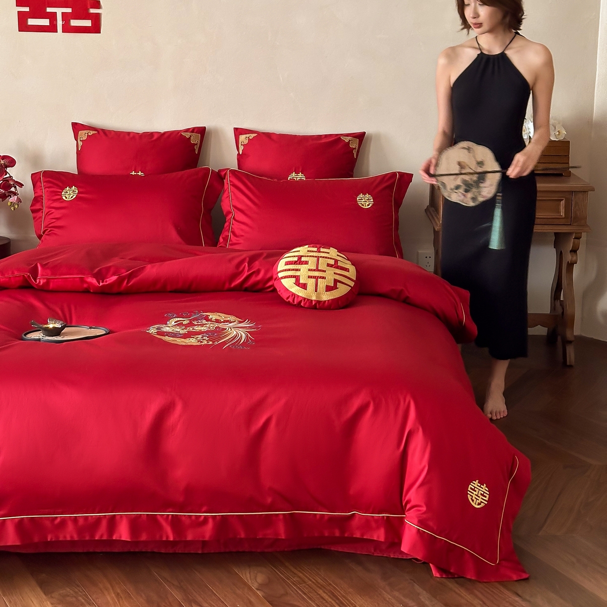 （总）西西家居 2026春夏新款大红婚庆100支长绒棉纯棉四件套-龙凤呈祥