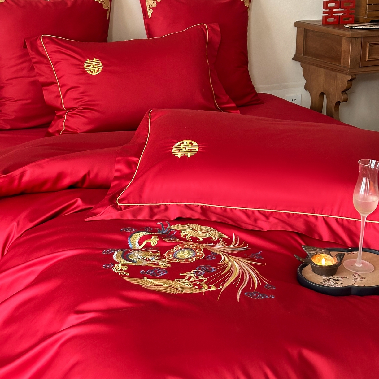 91家纺网 家纺一手货源 找家纺 （总）西西家居 2026春夏新款大红婚庆100支长绒棉纯棉四件套-龙凤呈祥