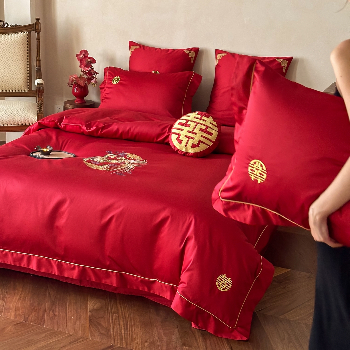 91家纺网 家纺一手货源 找家纺 （总）西西家居 2026春夏新款大红婚庆100支长绒棉纯棉四件套-龙凤呈祥