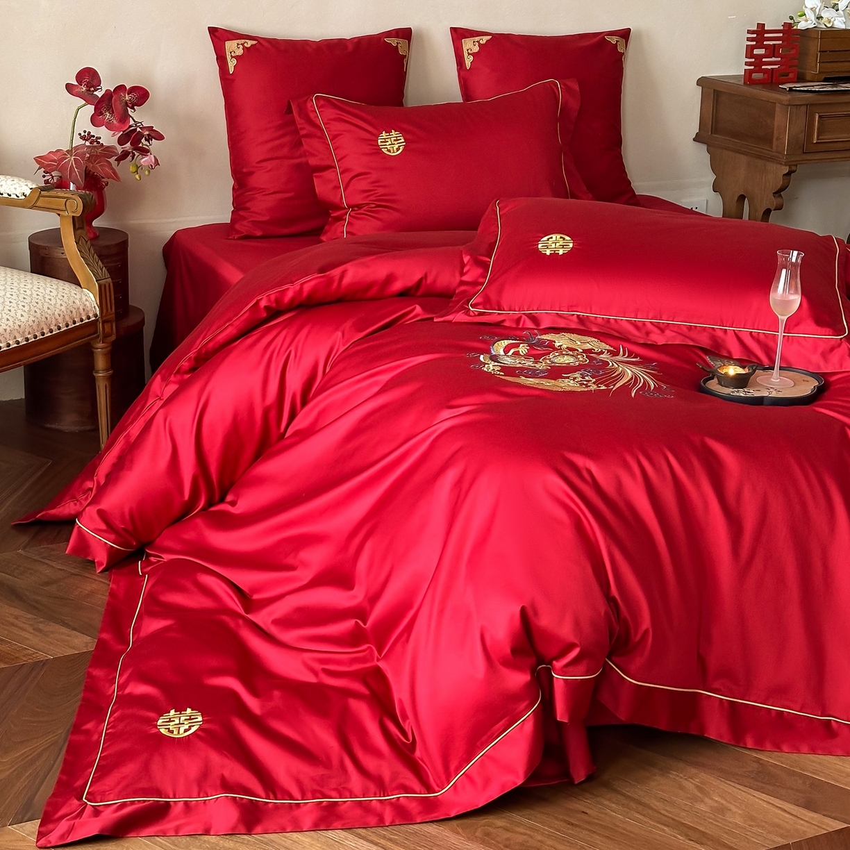 91家纺网 家纺一手货源 找家纺 （总）西西家居 2026春夏新款大红婚庆100支长绒棉纯棉四件套-龙凤呈祥