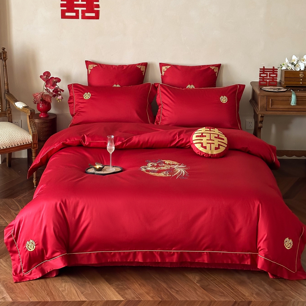 91家纺网 家纺一手货源 找家纺 （总）西西家居 2026春夏新款大红婚庆100支长绒棉纯棉四件套-龙凤呈祥