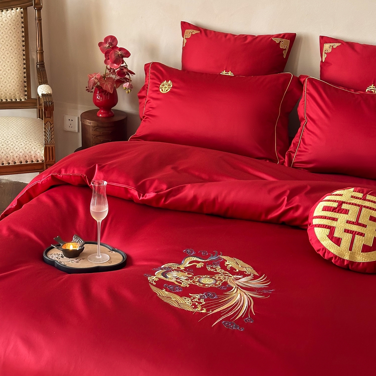 91家纺网 家纺一手货源 找家纺 （总）西西家居 2026春夏新款大红婚庆100支长绒棉纯棉四件套-龙凤呈祥